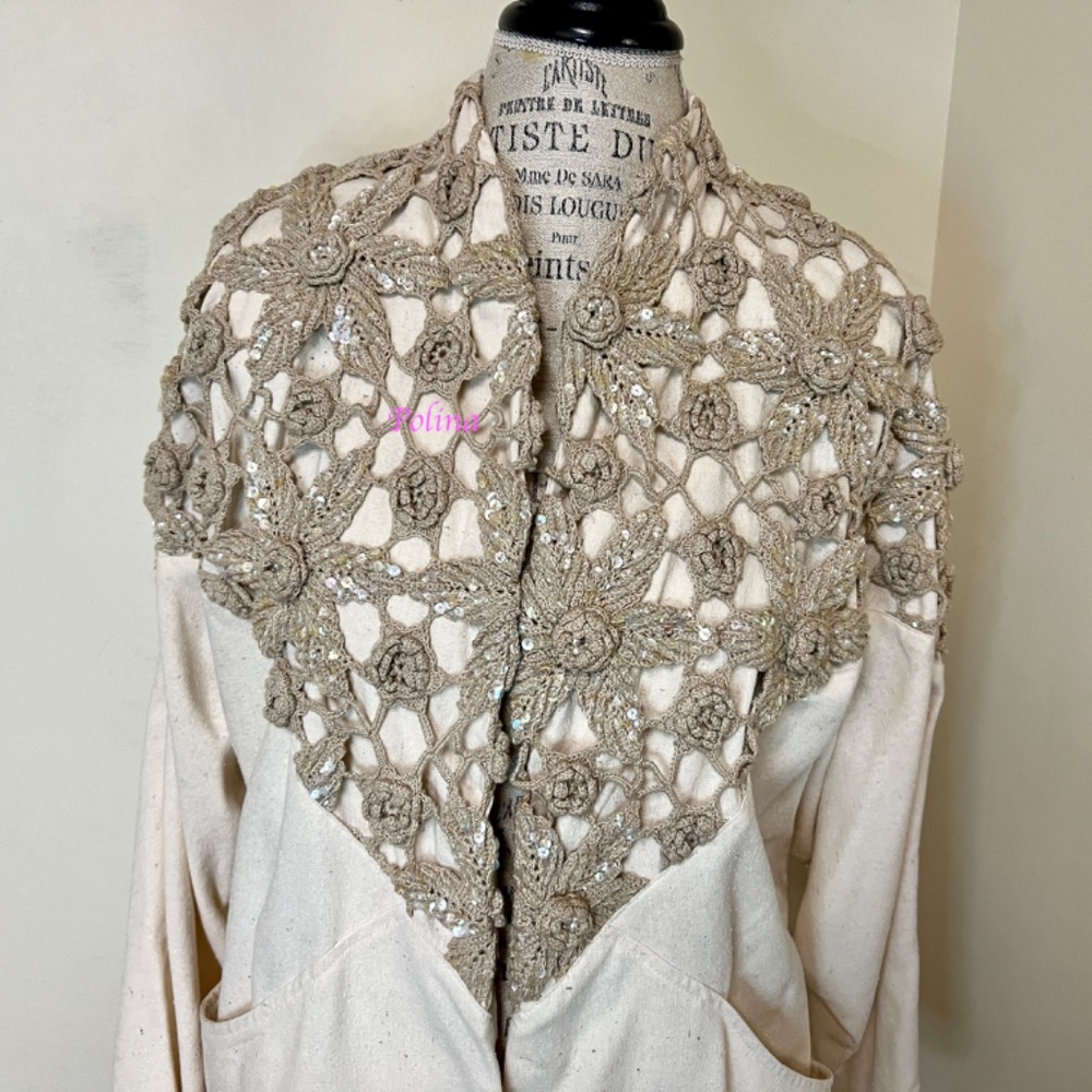 VNG Lim's 70s 100% silk cream cardigan w/crochet&beads decoration open front